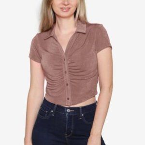 Just Polly Juniors Ruched-Front Polo Shirt Cocoa Medium nwt